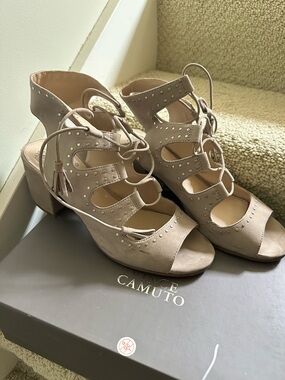 Vince Camuto Taupe Lace-Up Block Heel Sandals